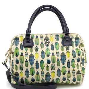 Tory Burch Cream Beetle-Print Satchel with Navy Trim